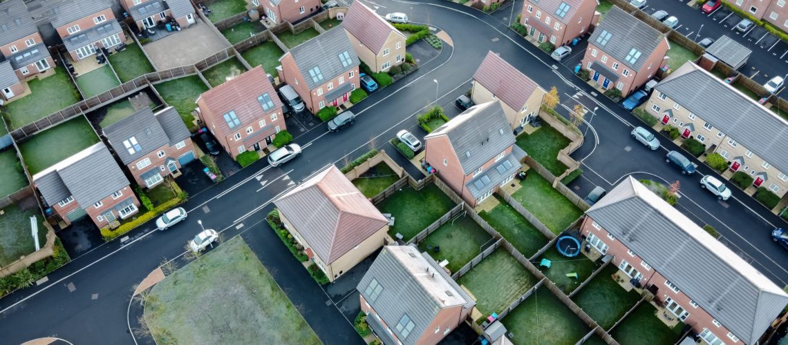 Aerial Houses Residential British England Drone Above View Summer Blue Sky Estate Agent